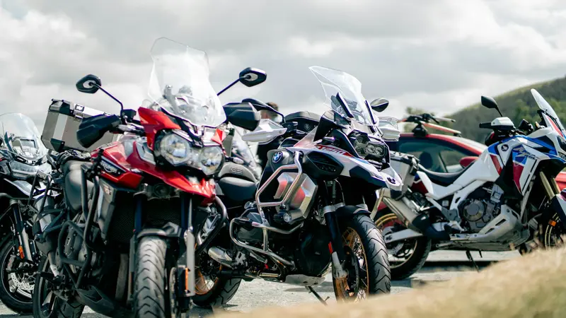 Adventure motorcycles parked side by side